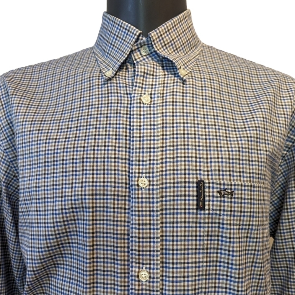 PAUL & Shark Yachting Blue Micro Plaid Button Fown Shirt size 44 Long Sleeve